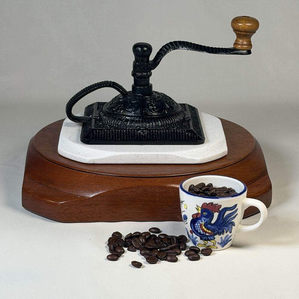 Vtg Cast Iron Manual Signed Coffee Grinder Mill Hand Crank Mahogany Base